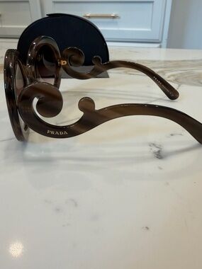 Prada Baroque Sunglasses PR 27NS Round Brown Oversized Swirl Arm w/ Case